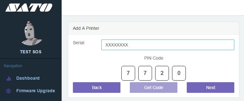 The PIN code will be displayed. Type it into the printer. Pressing the key on the screen displaying the serial number of the printer shows the screen to enter the PIN.