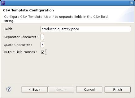 Chapter 2. Tasks Figure 2.12. CSV output message configuration After these steps the "Apply Template" task will appear to the right, connected to the task you created it from.