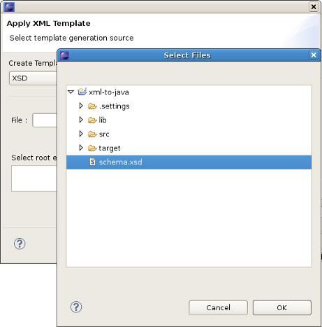 Apply Template Wizard Here you should first select the XSD or Sample XML output template format and then click the Browse File System or the Browse Workspace button depending on what browse type you