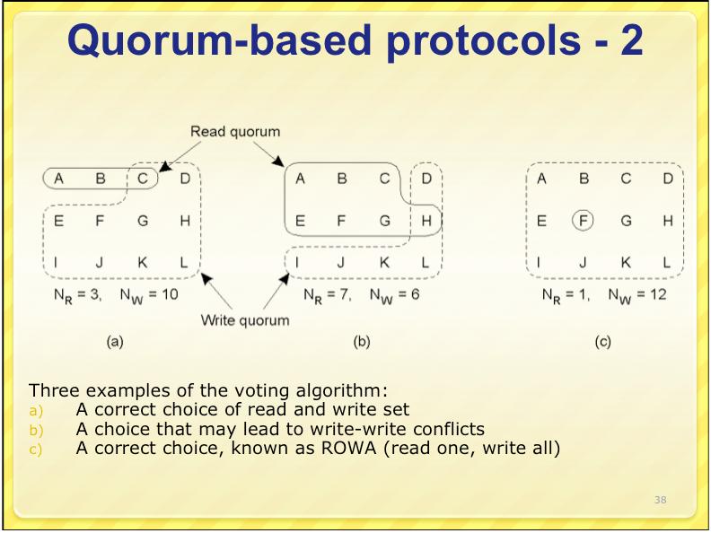 Quorum-based protocols - 1 Quorum-based protocols - 2 Assign a number of votes to each replica Let N be the total number of votes Define R = read quorum, W=write quorum R+W > N W > N/2 Only one
