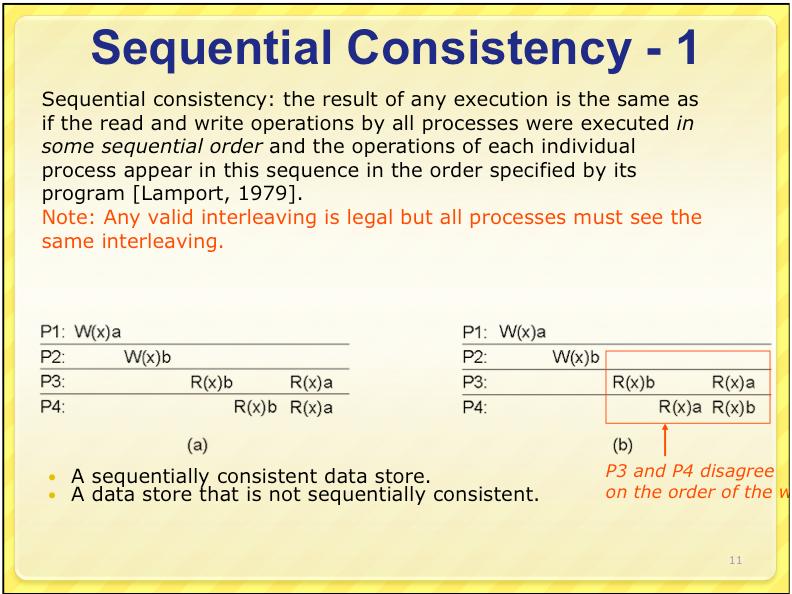 9 10 Sequential Consistency - 1 Sequential consistency: the result of any execution is the same as if the read and write operations by all processes were executed in some sequential order and the