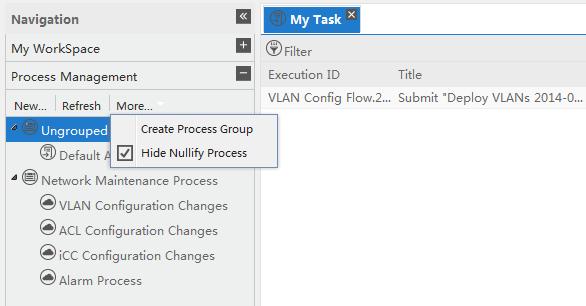 Process management The Process Management node in the Service Desk navigation pane allows you to create, configure, delete, nullify, and execute processes and process groups.