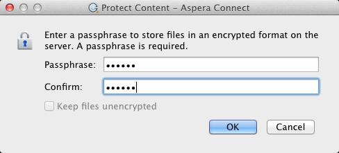 Click OK to start the transfer. Once content-protected files have been uploaded to your server, they will appear with an aspera-env suffix (Aspera Security Envelope).