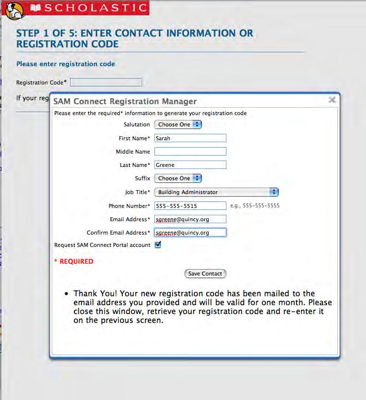 After clicking Save Contact, a confirmation message appears confirming that the registration code has been emailed to the entered email address.