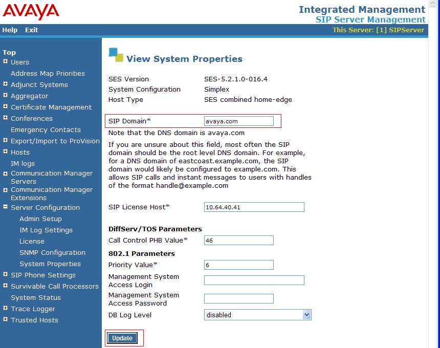 In the Integrated Management SIP Server Management page, select the Server Configuration System properties link from the left pane of the screen.