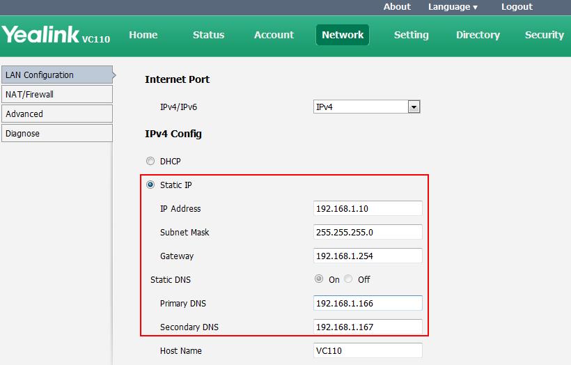 So it is recommended that you configure a static IPv4 address for the VCS. To configure a static IPv4 address via web user interface: 1.