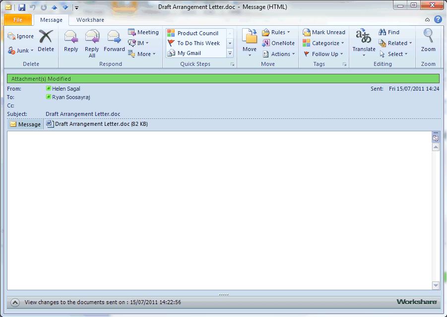 COMPARING DOCUMENTS USING WORKSHARE COMPARE When you open an email that has been flagged, the green bar is shown across the top of the message window.