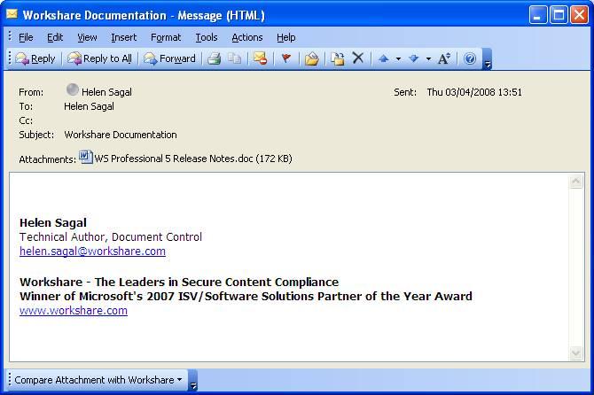 COMPARING DOCUMENTS USING WORKSHARE COMPARE To compare an attachment in Microsoft Outlook 2003: Click the Compare Attachment with Workshare button that appears at the bottom