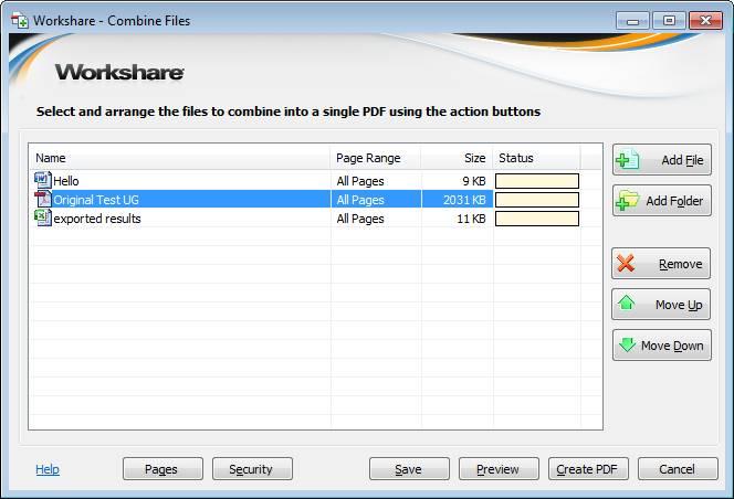 ADVANCED PDF FUNCTIONALITY PDF Combine Workshare Professional enables you to combine multiple files into a single PDF.
