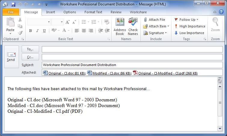 COMPARING DOCUMENTS USING WORKSHARE COMPARE Note: The original and modified documents are sent in Microsoft Word format and the Redline document is sent by default as a PDF.