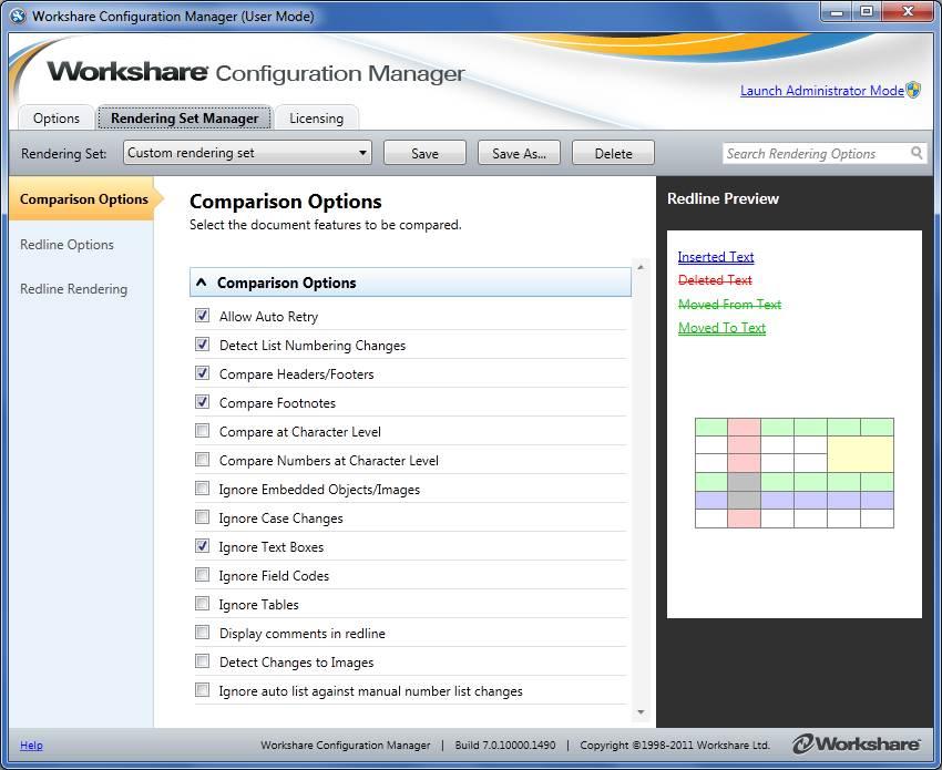 CONFIGURING RENDERING SETS Accessing the Rendering Sets Manager The Rendering Sets Manager is accessible from the Workshare Configuration Manager, from Workshare Compare and from Microsoft Word.