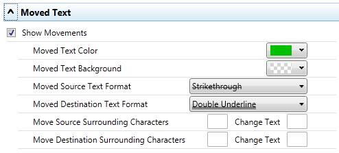 CONFIGURING RENDERING SETS Moved Text The Moved Text section includes parameters that enable you to customize how you would like moved text to appear in the Redline document.