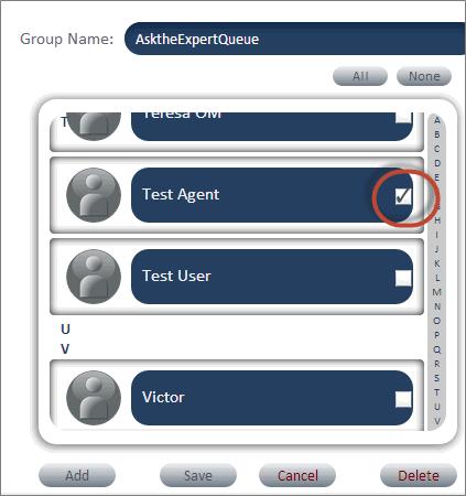 Configuring Text Channels Configuring the Text Channels Console Verifying a User s Group Association A group in the Text Channels console is equivalent to a queue (skill) in the VCC.