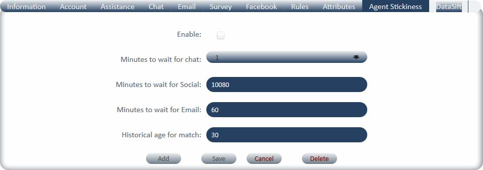 Configuring Text Channels Monitoring Text Channel Interactions and Activity Enable Minutes to wait for Chat Minutes to wait for Social Minutes to wait for Email Historical age for match Enables Agent