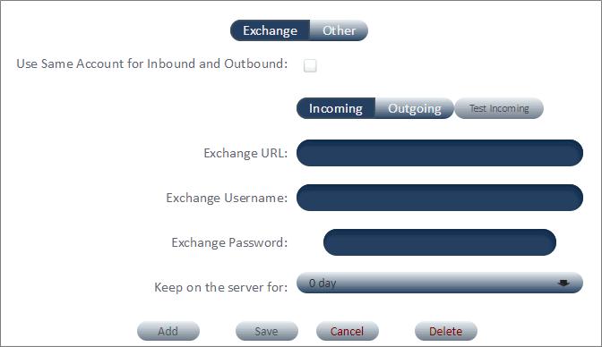 Configuring Email Interactions Creating Email Accounts 3 Complete the appropriate section: Microsoft Exchange Other Exchanges Microsoft Exchange This option supports multi-factor authentication (MFA).