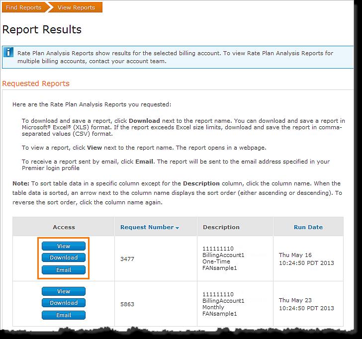Search Results for Requested Reports The completed Rate Plan Analysis Reports are listed for the selected billing account or wireless number.