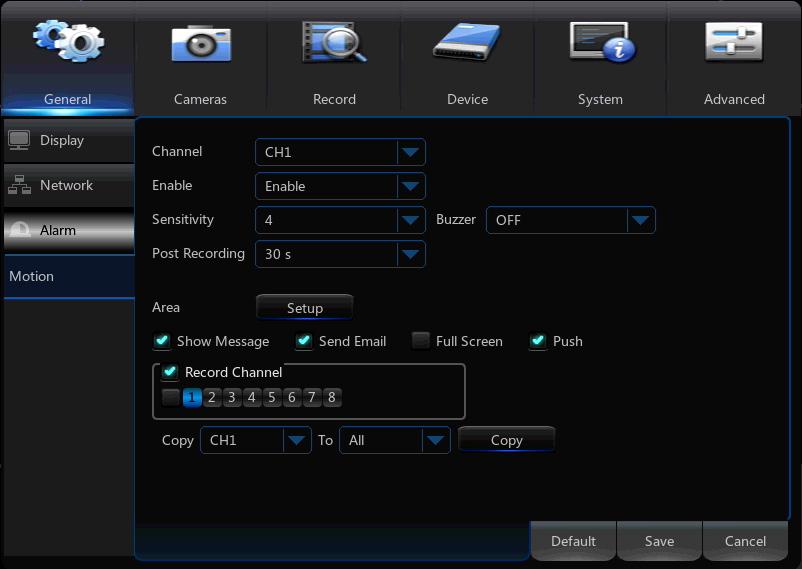 7.1.3 Alarm a. Motion: configure the motion alarm settings for your DVR system. 7.2 Cameras Menu Adjust or modify individual camera settings connected to your DVR.