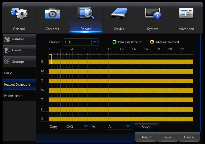7.3.3 Settings (Recordings) View or modify general recording settings for your DVR system. Motion Record: select this option to set the schedule for motion-activated recording.