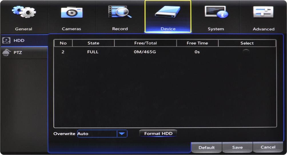 7.4 Device Menu 7.4.1 HDD Check available memory on your DVR HDD and set recording parameters to optimize storage. Channel: choose the channel with a PTZ-enabled camera.