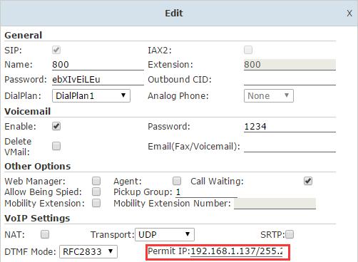 In the above example, a unique IP 192.168.1.137/255.255.255.255 has been given to user extension 800 as the Permit IP. With this setting, only the SIP endpoint with IP 192.168.1.137 that can register the extension number 800, any other endpoints with different IP cannot register even if all register credentials are correctly specified.
