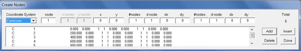 1 Create Nodes If desired, the user can view and create nodes using the Create Nodes menu shown below. To create a node, enter the coordinates of the node and click Add.