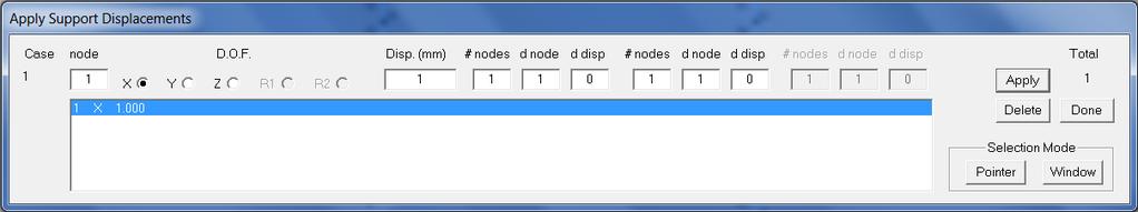 Enter the desired node, and select the direction for the displacement to be applied by clicking the direction under the D.O.F.