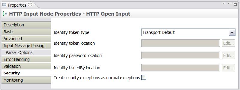 PEP Enabled MQ / SCA / HTTP Input node operation Security Properties Page allows for configuration of Token type Transport Default (HTTP Basic-Auth, MQ User) Username, Username + Password, SAML