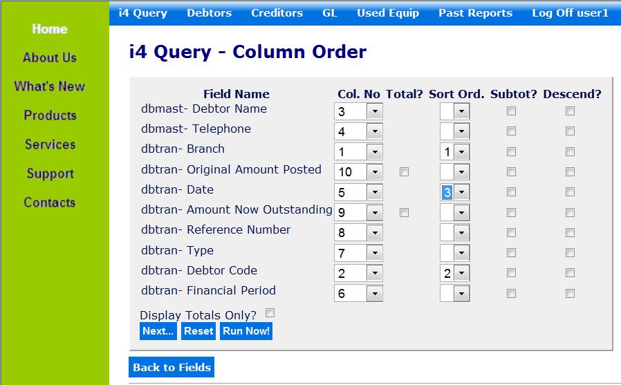 3.5 Sort Order The results of i4 Query will not be sorted unless you specifically define the sort order. The following example will sort data by Branch, Debtor Code then Date.