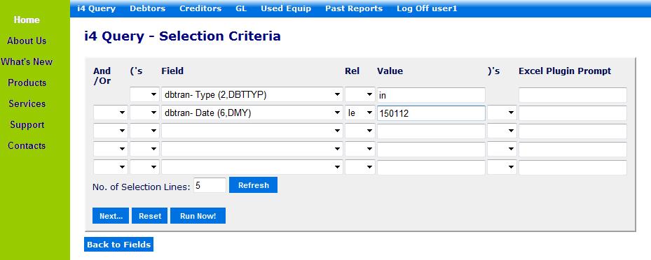 3.6 i4query Selection Criteria The i4query Selection Criteria screen will then be displayed. This page allows you to define the selection criteria for this query e.g. selecting only invoices before a given date.