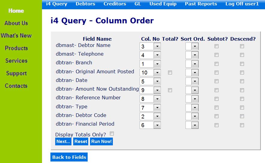 3.4 i4query Column Order The i4query Column Order screen will then be displayed: i4query lists all the fields selected. Against each field will be a Column Number which can be changed.