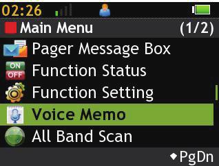 Press the K1 Key to set the voice memo as Alarm. D. Press the F2 Key to back to Voice Memo box. 3. Voice Memo: View and manage the voice memos. Features page 1: A.