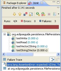 Further testing-coding However, the test for string2vector fails: Failure Trace in the JUnit view indicates that the comparison of the expected value v1 and the returned string2vector(s1) are