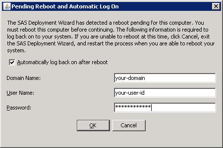 You might be asked to reboot your system. If so, the Pending Reboot and Automatic Log On dialog box is displayed.