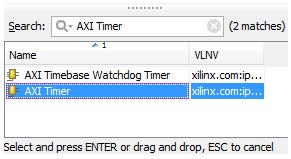 Add the "AXI Timer" block, as shown in Figure 8. Figure 8. AXI Timer IP Block Run the "Connection Automation", as well as the "Block Automation" if available.