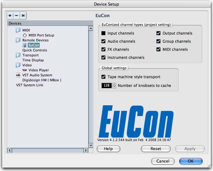 EuCon Device Setup This section discusses the EuCon Device Setup dialog which allows editing track assignment and transport control parameters.