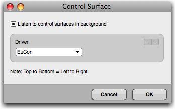 1 Open Digital Performer. 2 Choose Setup->Control Surface Setup. The Control Surface dialog opens. Control Surfaces Dialog 3 Click the + button (add) on the right.