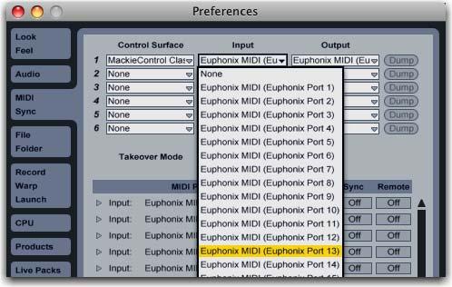 Ableton Live Before proceeding, you must already have completed the steps described in Setting Up EuCon for Mackie Control on page 35. To finish the configuration: 1 Choose Live->Preferences.