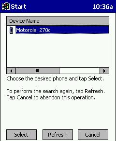 Note: The screens below are for the Motorola Timeport 270C. 3. As directed in the next two screens, assign the phone a unique name and set the phone in Discoverable mode. Then tap Next>. 4.