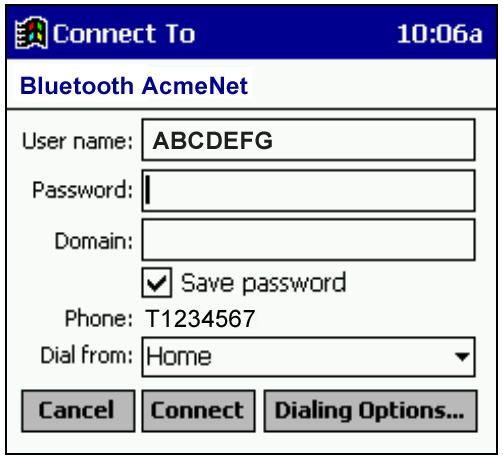 7. Now you are ready to start the connection. Pocket PC 2000 Go to Start Programs Connections. Tap on the Bluetooth connection you just set up. Make sure the dialing settings are correct. Tap Connect.