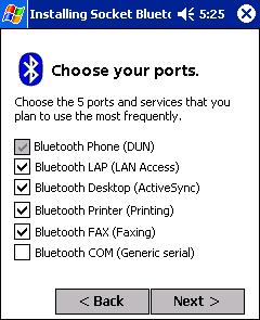 If your mobile computer still has fewer than 6 COM ports free, the next screen will allow you to choose which services you plan to use most. After making your selections, tap Next>.