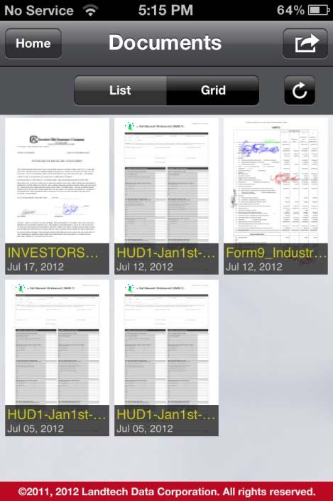 The iphone version provides an additional view of the documents called the Grid view. Press on the Grid button to display the documents in Grid view. Grid view displays an image of each document.
