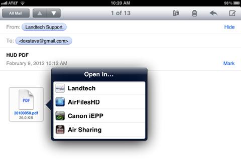 2) Open a PDF document on your ipad or iphone and press the Action button in