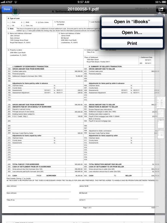Select Open In to get a menu of programs that will open the PDF file as was demonstrated previously. Select Landtech. The document will be loaded into Landtech esign ready to sign.