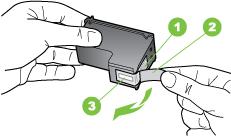 6. Remove the new print cartridge from its packaging and, being careful to touch only the black plastic, gently remove the plastic tape by using the pink pull tab.