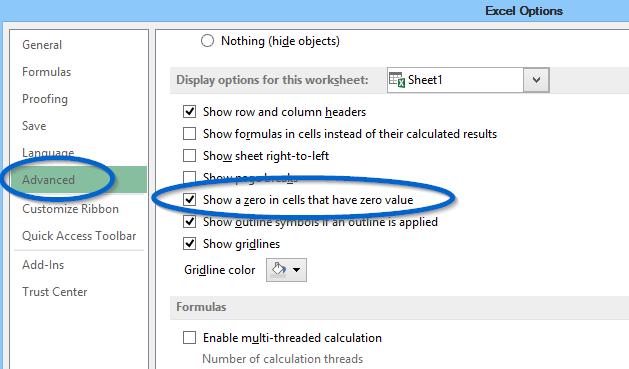 This option, while it being quick and simple, has a huge downside in that it will hide ALL zeros throughout your entire spreadsheet.