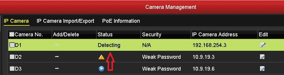 Modify Service 1 When IPC is plugged to PoE interface, the state shown in NVR is detecting.
