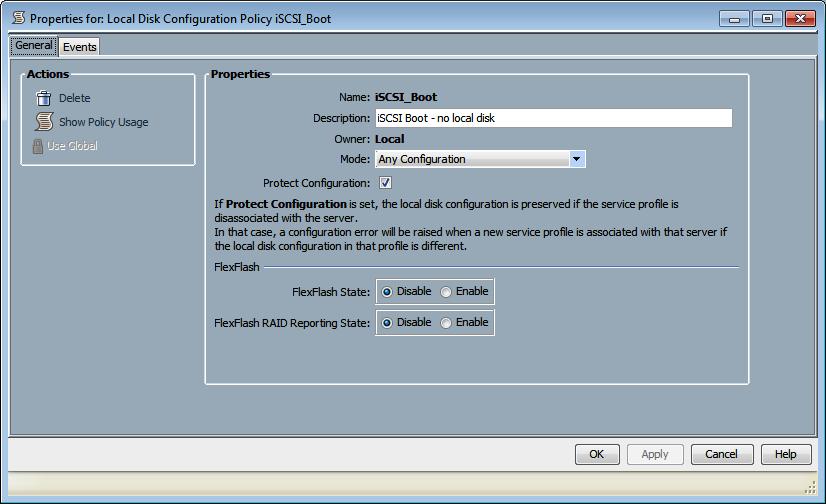 Local Disk Config Policies Example Figure 17 Local Disk Configuration Policy For the SmartStack configuration, we are iscsi booting from the Nimble Storage system.