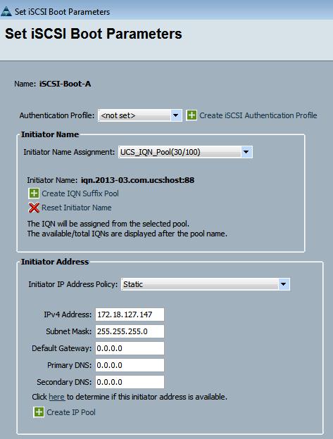 iscsi Boot Parameters details view as shown below. This is also the place where you will set the host side IP address for the iscsi network connection. In this case we are using static IP assignments.