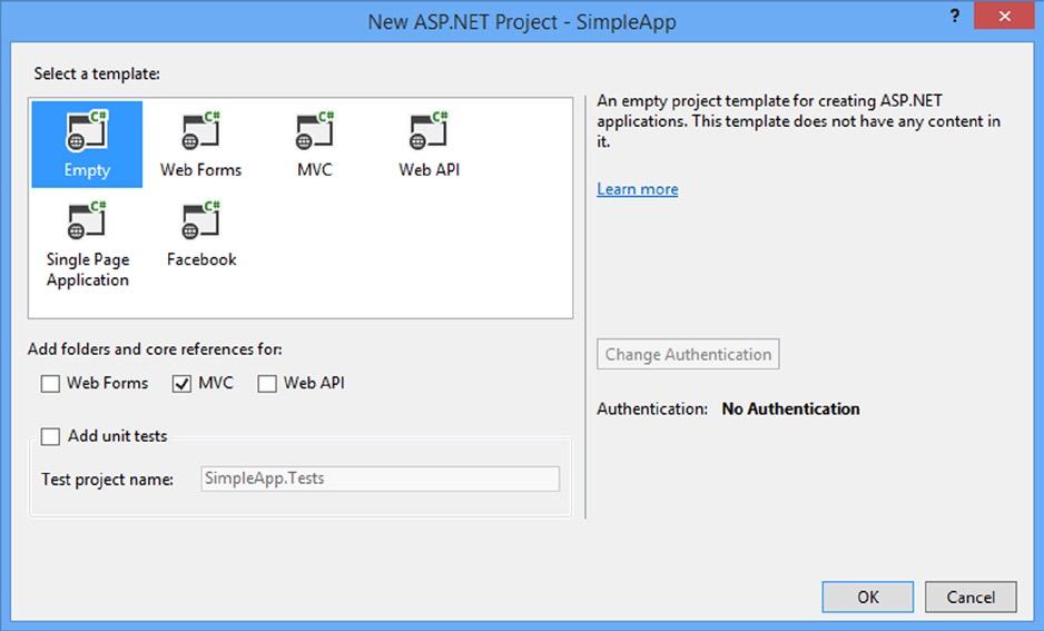 Chapter 2 Pattern and Tools Primer Click the OK button to move to the New ASP.NET Project dialog window. Ensure that the Empty option is selected and check the MVC option, as shown in Figure 2-3.