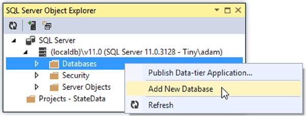 Chapter 10 State Data Figure 10-14. Adding a new database Set the Database Name option to StateDb, leave the Database Location value unchanged, and click the OK button to create the database.